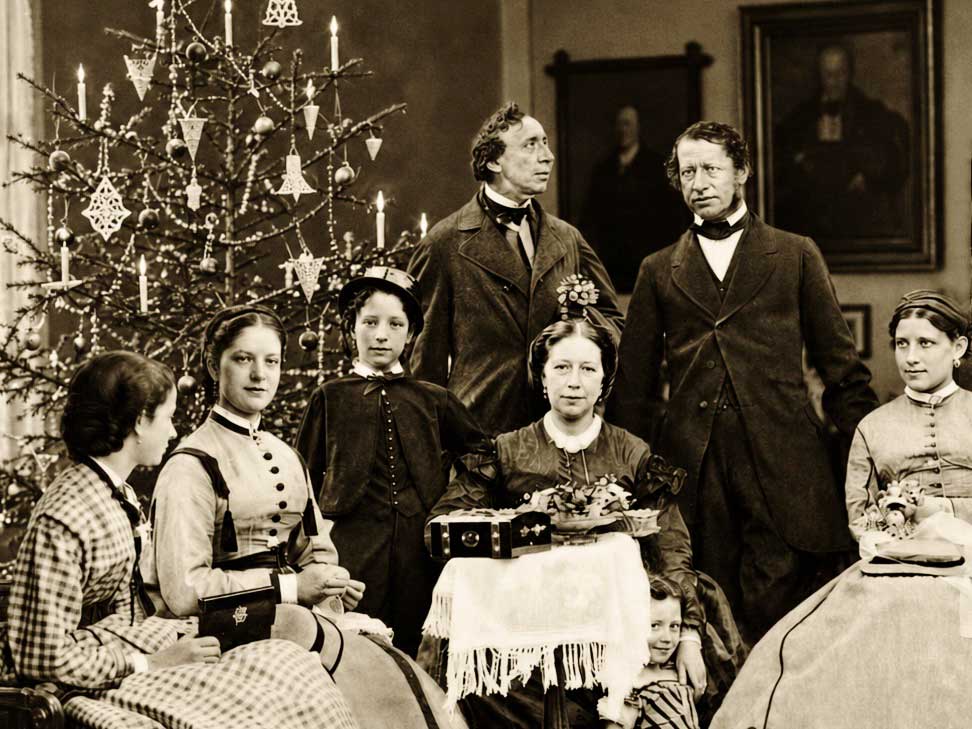 AI-genereret historisk inspireret billede af H.C. Andersen i en dansk julestue fra 1800-tallet